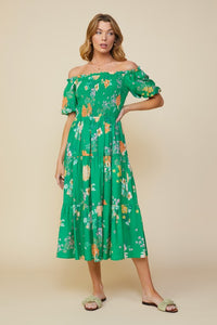 Kelly Green Floral Print Smocked Off Shlder Dress