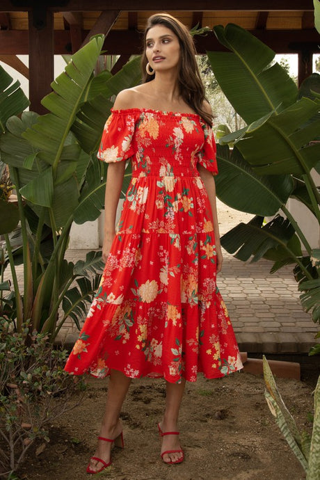 Coral Red Floral Print Smocked Off Shlder Dress