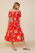 Coral Red Floral Print Smocked Off Shlder Dress
