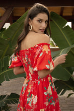 Coral Red Floral Print Smocked Off Shlder Dress