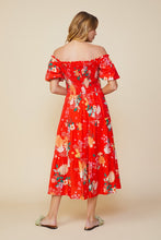 Coral Red Floral Print Smocked Off Shlder Dress