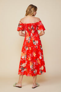 Coral Red Floral Print Smocked Off Shlder Dress