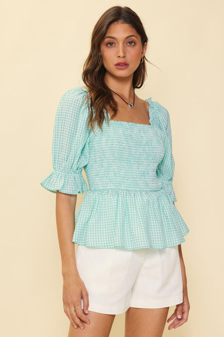 Ice Blue Smocked Bodice Puff Sleeve Top