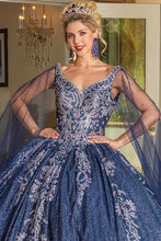 Navy Cape Sleeve Golden Embroidery Ball Gown