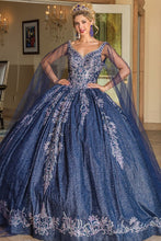Navy Cape Sleeve Golden Embroidery Ball Gown
