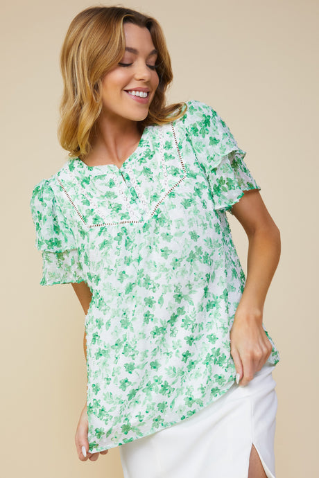 White-Kelly Green Clip Dot Floral Print Lace Bib Top