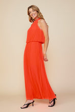 Neon Orange Sleeveless Halterneck Pleated Maxi Dress