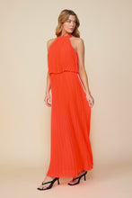 Neon Orange Sleeveless Halterneck Pleated Maxi Dress