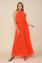Neon Orange Sleeveless Halterneck Pleated Maxi Dress