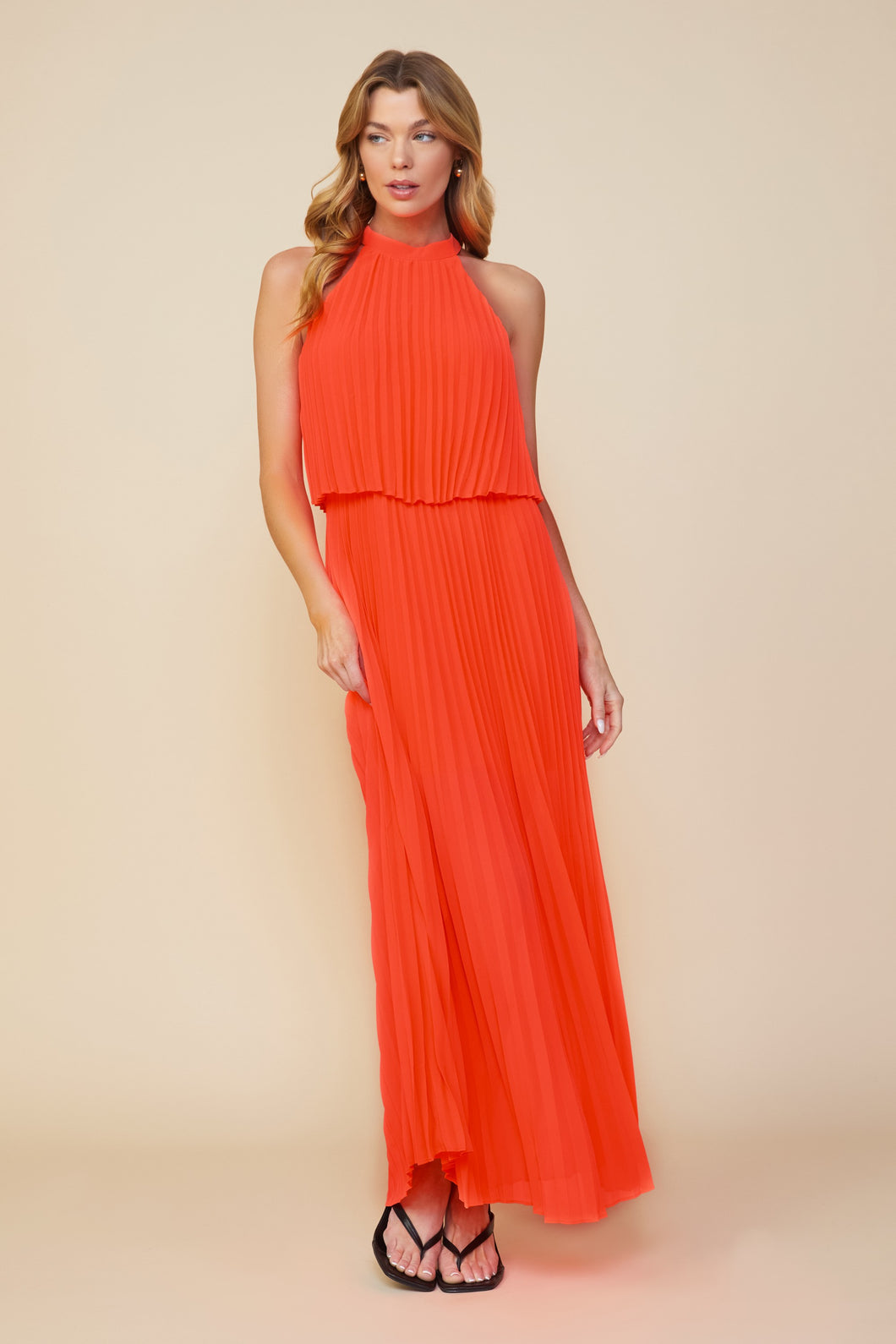Neon Orange Sleeveless Halterneck Pleated Maxi Dress