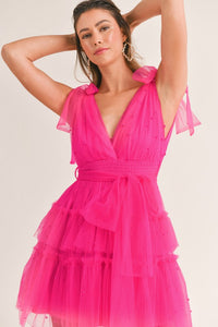 Hot Pink Pearl Stud Mesh Tulle Tiered Mini Dress