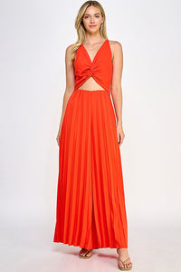 Red Halter Neck Jumpsuit With Pleated Bottom