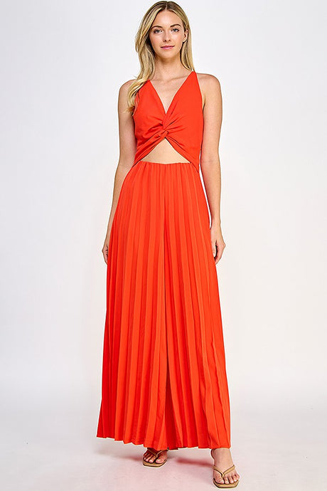 Red Halter Neck Jumpsuit With Pleated Bottom