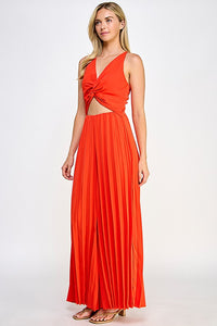 Red Halter Neck Jumpsuit With Pleated Bottom