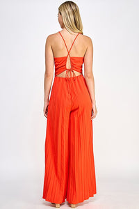 Red Halter Neck Jumpsuit With Pleated Bottom