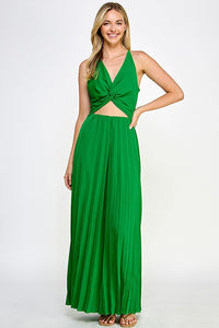 Kelly Green Halter Neck Jumpsuit With Pleated Bottom