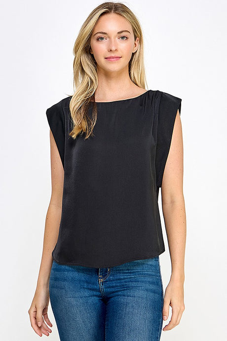 Black Cap Sleeve Boat Neck Top With Side Yoke