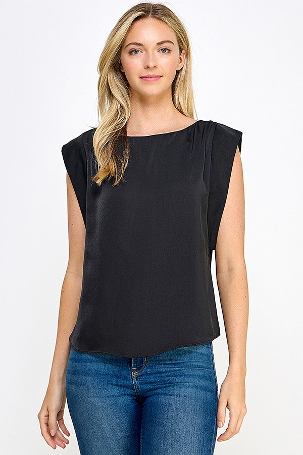Black Cap Sleeve Boat Neck Top With Side Yoke