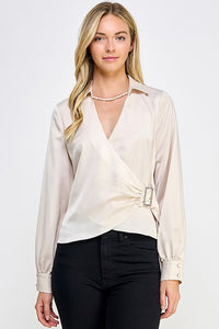 Champagne Long Sleeve Wrap Top With Buckle Trim