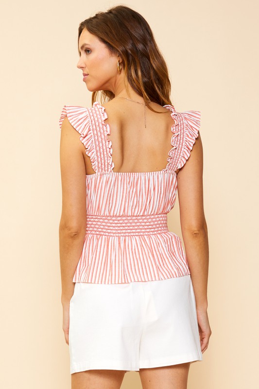 Coral Red White Stripe Smocked Peplum Top Aquarius Brand Coral Red White Stripe Smocked Peplum Top Aquarius Brand