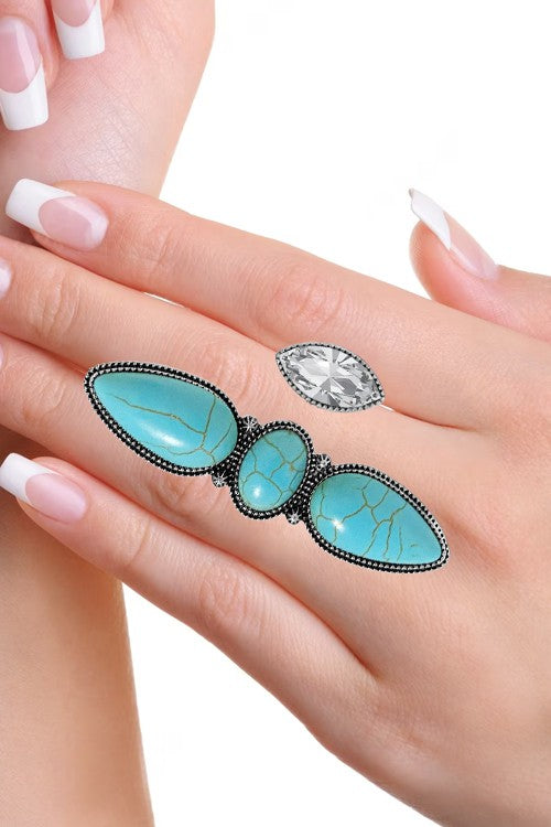 Turquoise Western Concho Gemstone Glass Crystal Cuff Ring