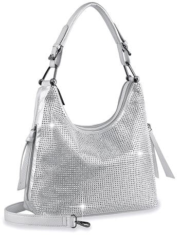 Silver Plaid Print Rhinestone Accented Hobo Handbag