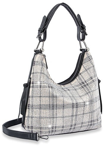 Beige Plaid Print Rhinestone Accented Hobo Handbag