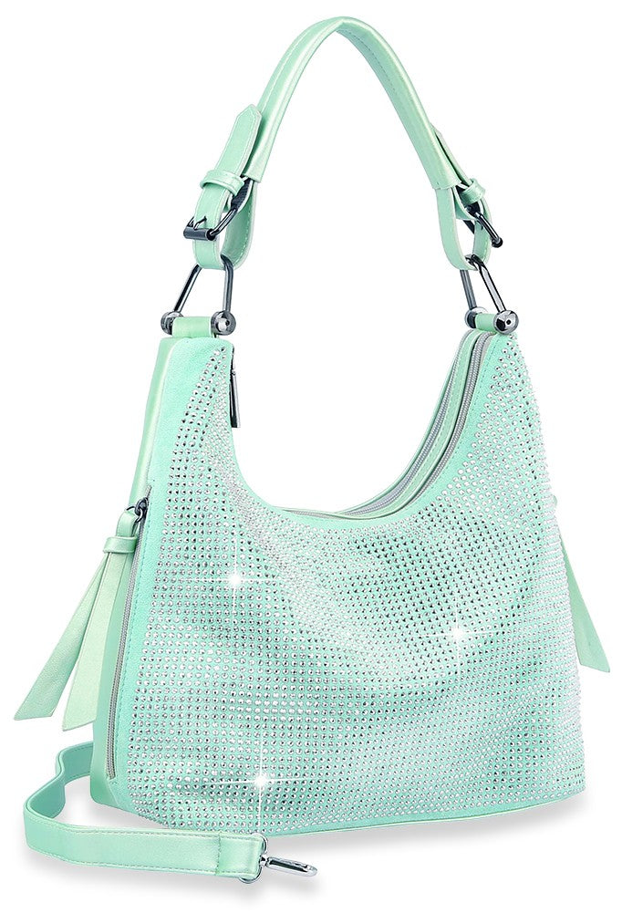 Mint Plaid Print Rhinestone Accented Hobo Handbag