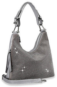 Pewter Plaid Print Rhinestone Accented Hobo Handbag