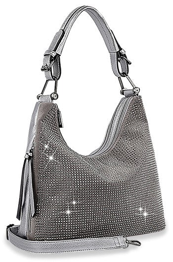 Pewter Plaid Print Rhinestone Accented Hobo Handbag