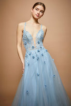 Dusty Blue Sleeveless Deep V Neck A Line Gown