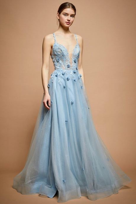 Dusty Blue Sleeveless Deep V Neck A Line Gown