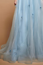 Dusty Blue Sleeveless Deep V Neck A Line Gown