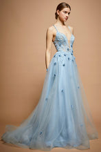 Dusty Blue Sleeveless Deep V Neck A Line Gown