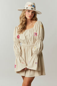 Corduroy Dress With Puff Sleeves And Star Sequins