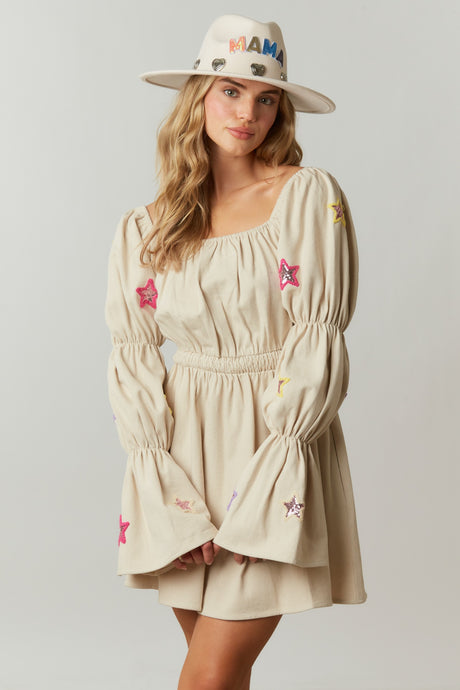 Corduroy Dress With Puff Sleeves And Star Sequins
