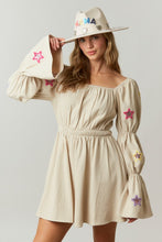 Corduroy Dress With Puff Sleeves And Star Sequins