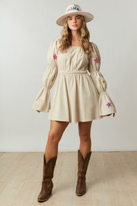 Corduroy Dress With Puff Sleeves And Star Sequins