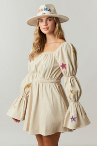 Corduroy Dress With Puff Sleeves And Star Sequins