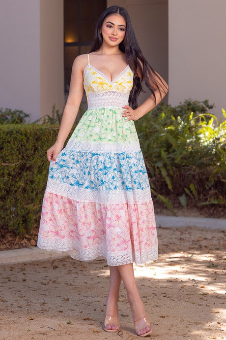 Multi Color Printed Color Block Lace Trim Long Dress