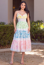 Multi Color Printed Color Block Lace Trim Long Dress