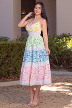 Multi Color Printed Color Block Lace Trim Long Dress