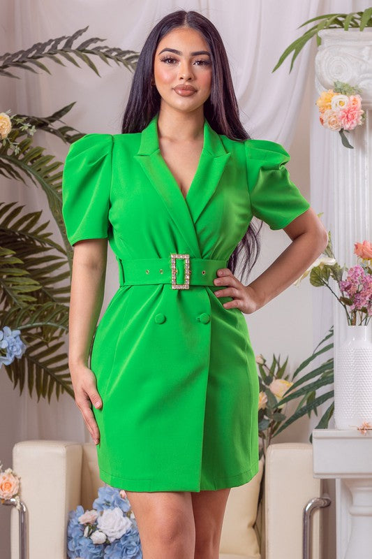 Green Solid Blazer Mini Dress