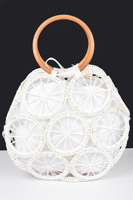 White Faux Straw Round Tote Bag