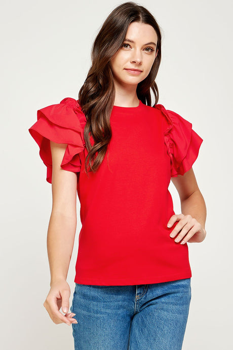 Red Flutter Ruffle Sleeve Top