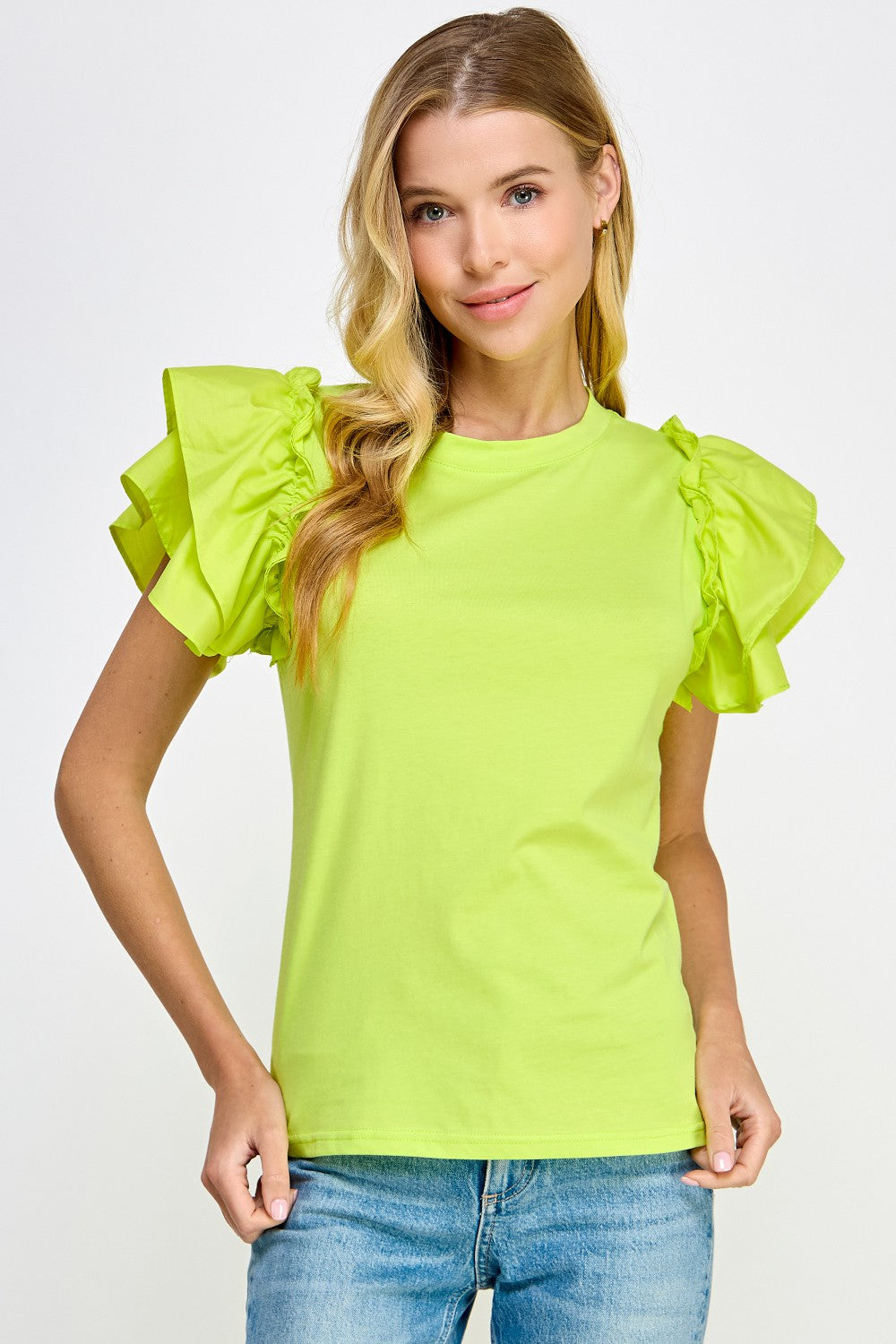 Lime Light Flutter Ruffle Sleeve Top