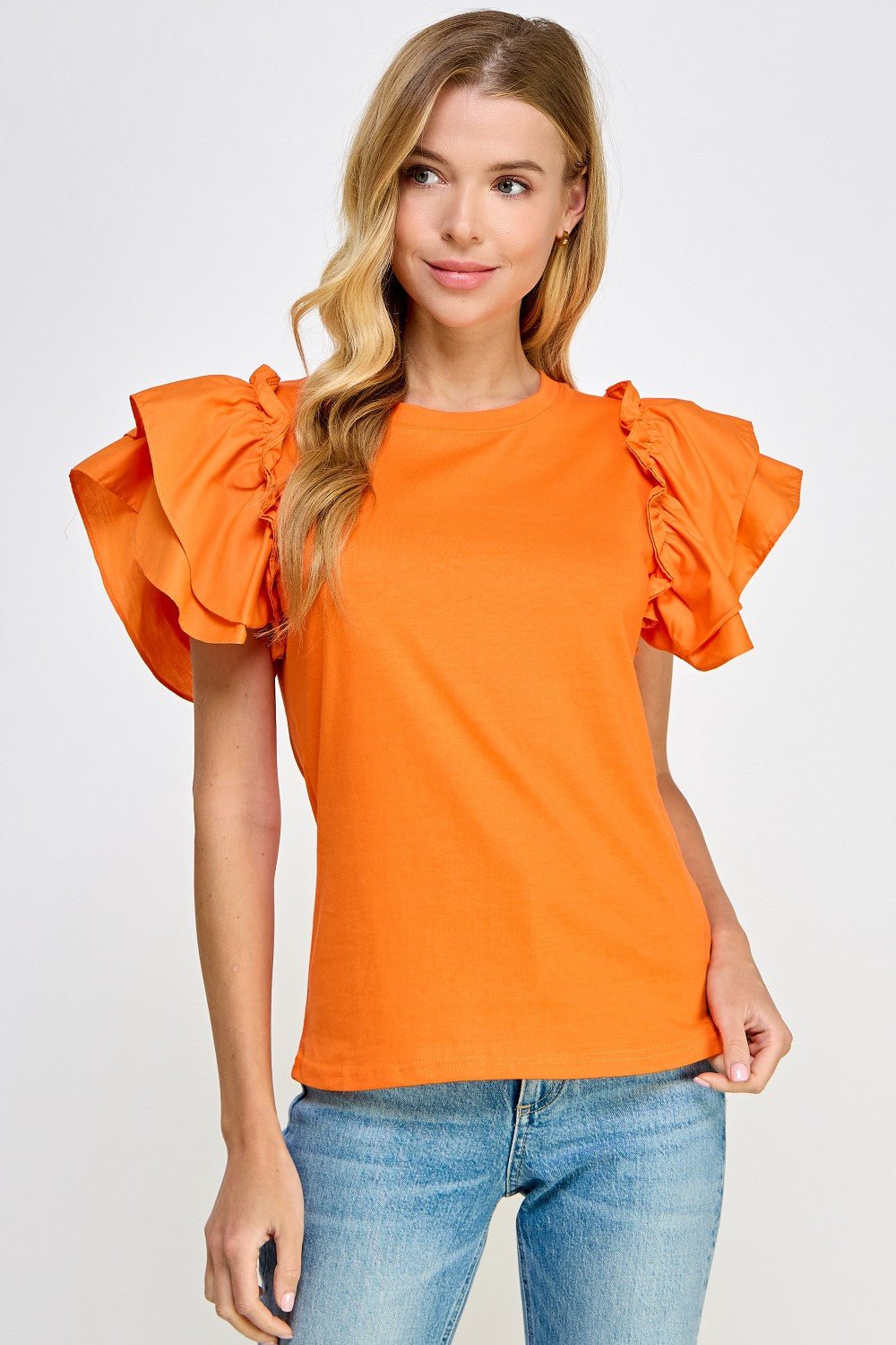 Orange Flutter Ruffle Sleeve Top