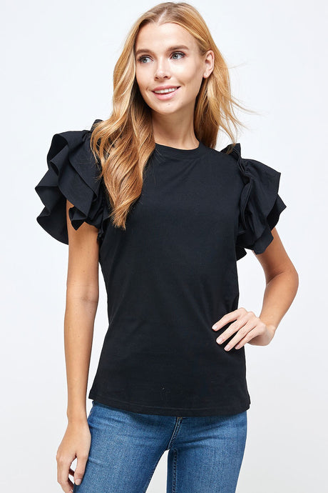 Black Flutter Ruffle Sleeve Top
