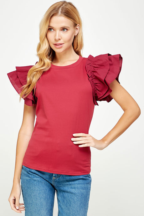 Burgundy Flutter Ruffle Sleeve Top