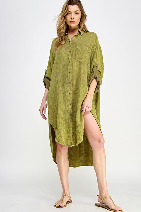 Olive Double Gauze Button Down Shirts Dresses